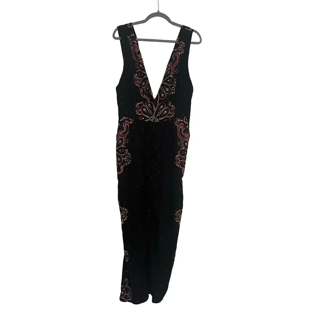 Free People Jumpsuit Womens Small Black Paisley Boho Cotton Gauze Good V-Neck